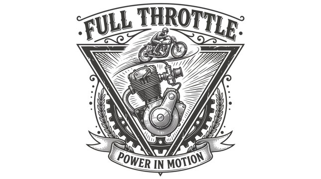 Vintage Motorcycle Engine Illustration with Full Throttle Text Badge.