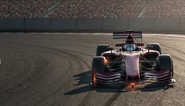 Dark red single seater open wheel race car powering out of a corner with rubber marbles scattered across the asphalt
