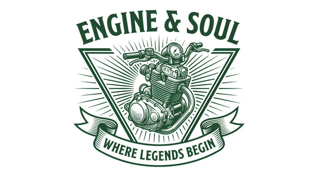 Vintage style motorcycle engine emblem with text Engine and Soul.