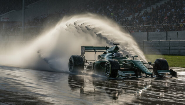 Green single seater open wheel race car throwing up a huge plume of spray on a soaking wet racing circuit during a race