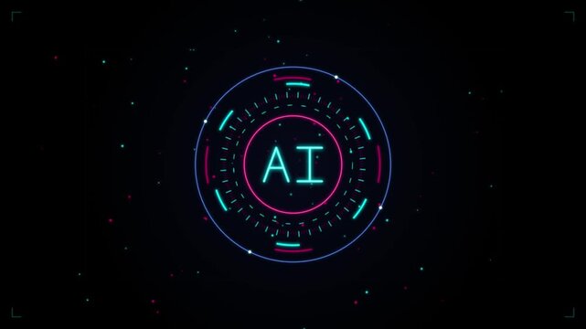 Artificial intelligence hud interface with rotating digital data circles and glowing neon ai typography for tech presentations