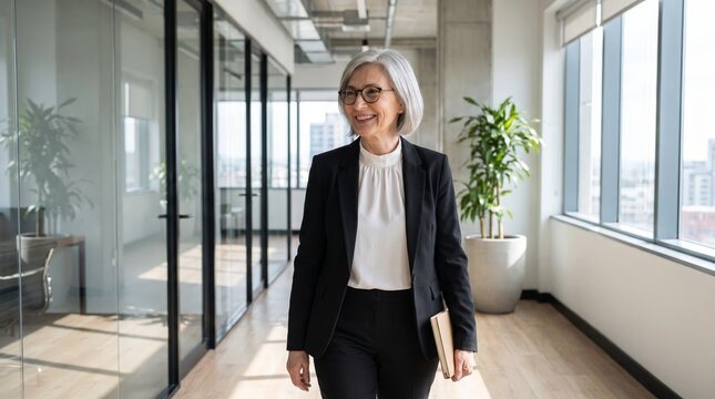 Businesswoman walking with notebook in office