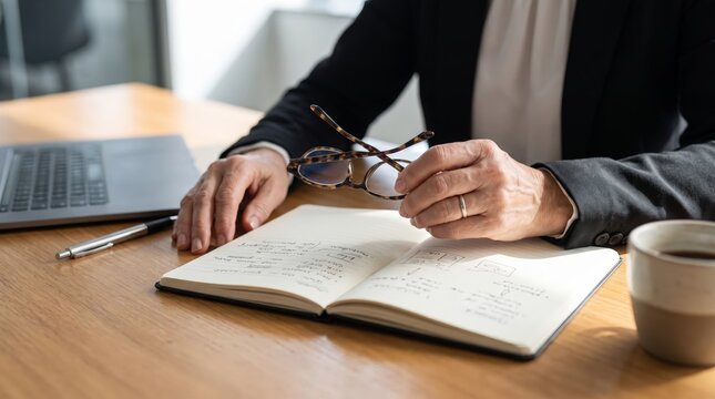 Business planning notes and eyeglasses