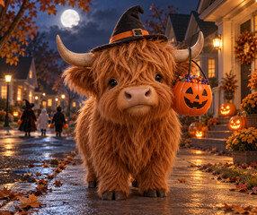 Fototapeta premium Highland Cow With Candy Bucket Trick-Or-Treat