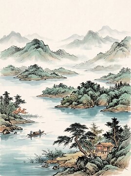 Ta Dung Lake in Dak Nong, Vietnam, spectacular highland reservoir with countless green islands scattered across calm blue-green water, layered mountains fading into morning mist xieyi sumi painting