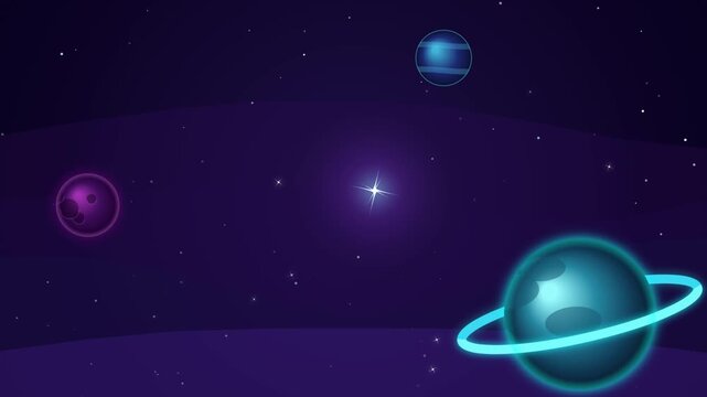 Cartoon space animation with glowing planets and a shining star on purple background