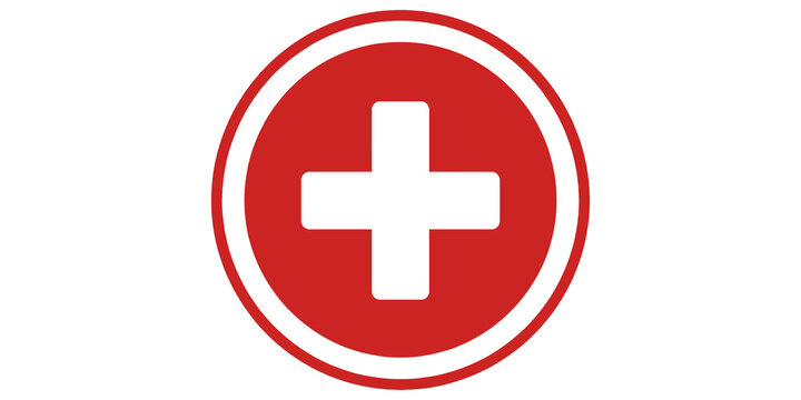 Red medical cross sign icon inside circle frame for emergency and healthcare professional use.