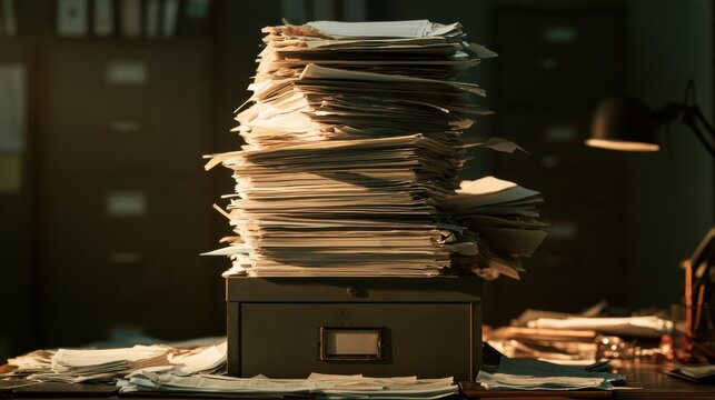 Overwhelming Pile of Unorganized Paperwork on an Office Desk Surrounded by Filing Cabinets and Soft Indoor Lighting