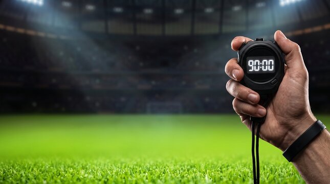 Bare hand holding digital sports stopwatch showing full time at stadium