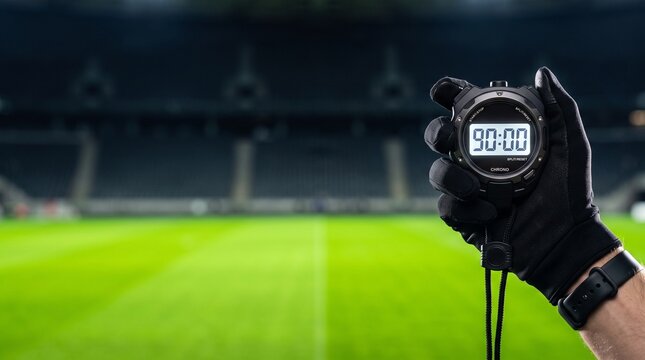 Gloved hand holding digital chronograph displaying ninety minutes during football match