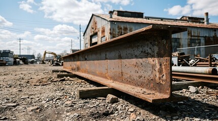 Fototapeta premium Heavy duty rusty I-beam, industrial metal girder, weathered steel construction material, abandoned factory backdrop, scrap metal yard