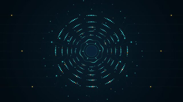 Futuristic Circular Digital Interface Loop with Glowing Neon Particles and Data Network