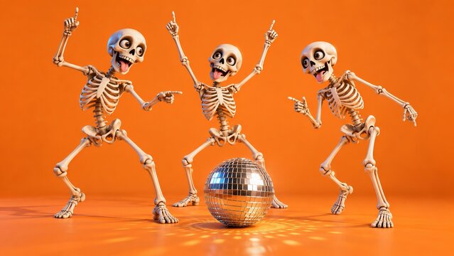 Three funny cartoon skeletons dancing with disco ball on orange background. Happy bones party characters with smiling skulls and raised arms.