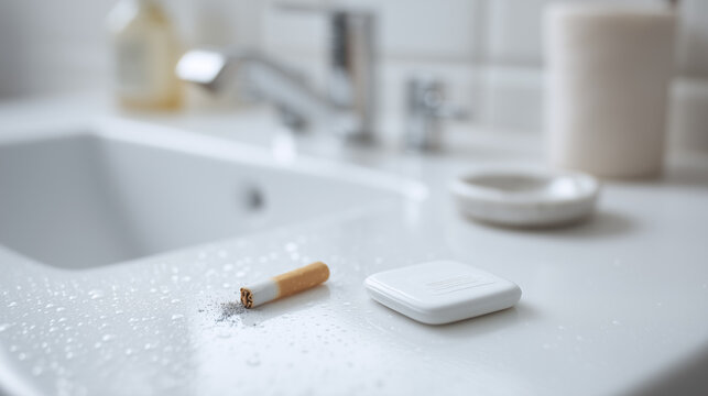 Cigarette and smoking cessation product placed on a clean bathroom surface, illustrating nicotine addiction, quitting smoking, tobacco health risks, cessation therapy, and healthier lifestyle choices.