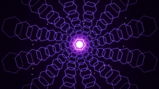 Futuristic purple neon hexagon tunnel spinning loop with glowing geometric center