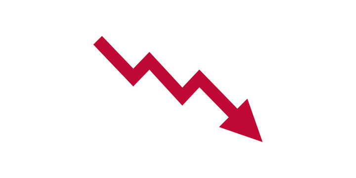 Zigzag red arrow pointing down representing declining financial market.