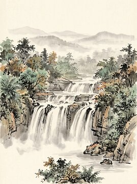 Pongour Waterfall in Lam Dong, Central Highlands Vietnam, broad cascading waterfall flowing over natural stone terraces surrounded by lush forest xieyi sumi-e ink wash landscape painting
