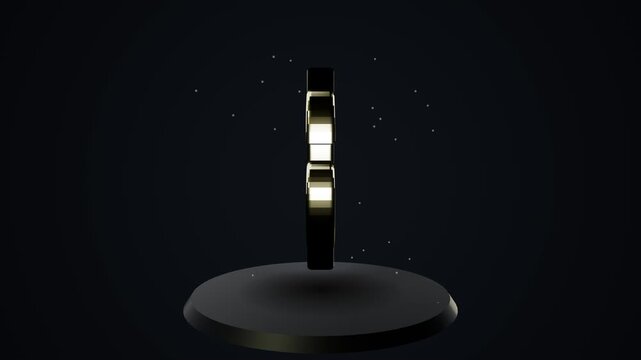 Premium 3D gold currency symbol rotating on dark pedestal representing global finance and wealth investment themes