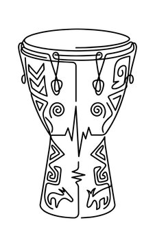 Black and white line art illustration of a traditional african djembe drum with tribal decorative patterns Vector