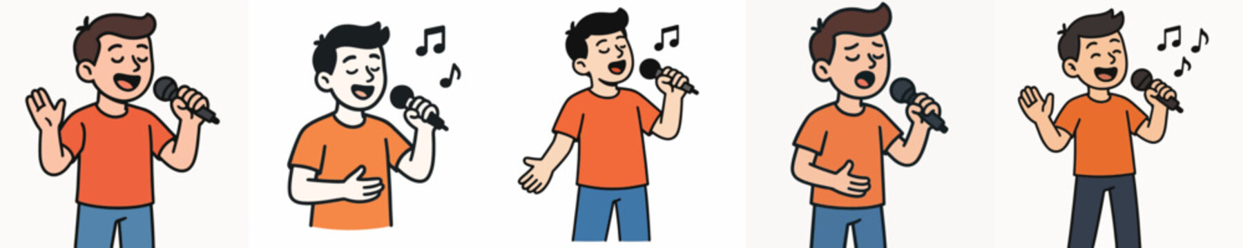 Set of 5 Young Men Singing with Microphone Cartoon Characters Vector