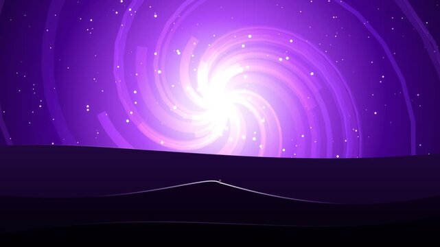 Minimalist purple cosmic galaxy spiral rotating over a dark alien landscape animation