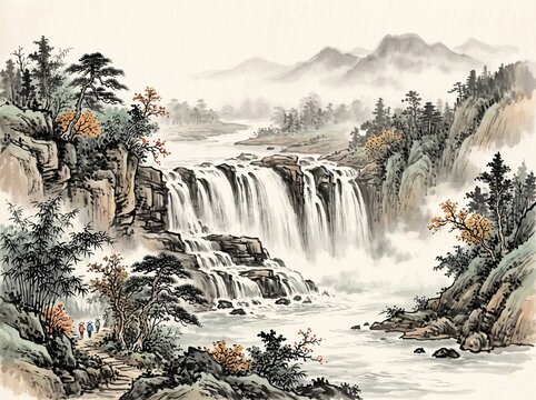 Pongour Waterfall in Lam Dong, Central Highlands Vietnam, broad cascading waterfall flowing over natural stone terraces surrounded by lush forest xieyi sumi-e ink wash landscape painting