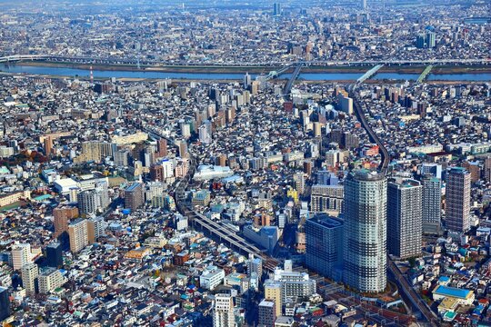 Tokyo cityscape - aerial city view with Sumida ward. Higashi-Mukojima, Hikifune and Yahiro neighborhood.