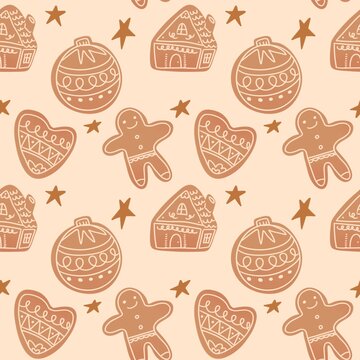 Christmas Gingerbread Cookies Seamless Pattern with Holiday Ornaments and Stars
