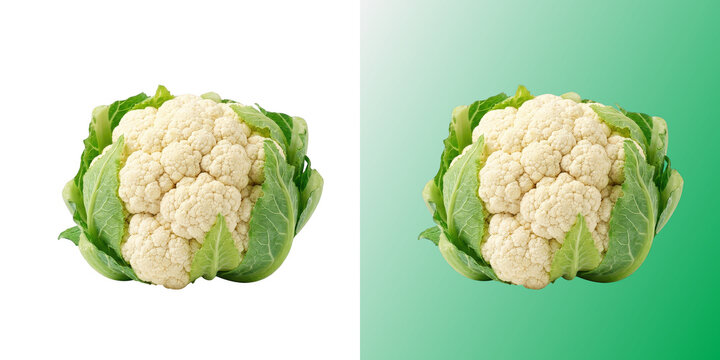 Fresh whole cauliflower with green leaves isolated on white background