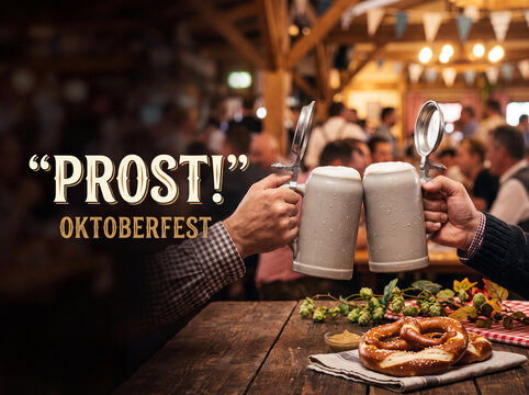 Hands holding traditional german beer steins toasting with prost! message, celebrating oktoberfest in a lively beer tent