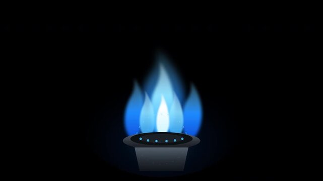 Blue gas flame burning steadily on a small round burner against a deep black surface