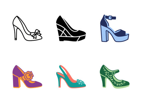 Elegant high heel shoe styles vector icon set with footwear accessory clothing collection minimalist boutique