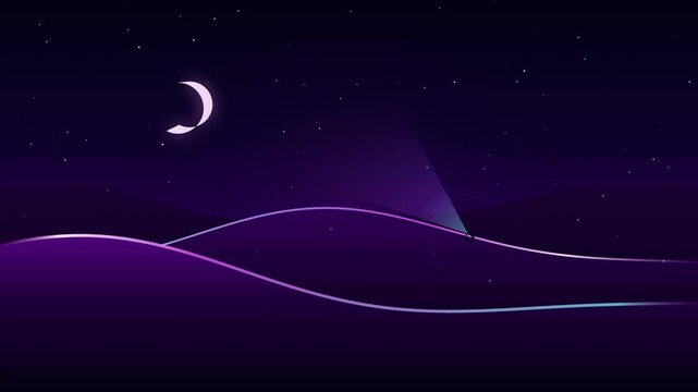 Abstract Night Landscape with Glowing Horizon Beam and Crescent Moon Motion Graphics