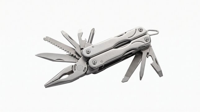 Stainless Steel Multi Tool Pliers with Various Implements Extended Against a White Background