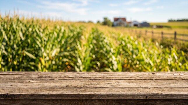 Extremely Blurred Corn Farm with Full Width Rustic Wooden Table and Soft F1 Agricultural Field Background
