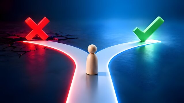 Wooden figure standing at a crossroads deciding between a broken red path of failure and a smooth glowing green path of success representing business choices