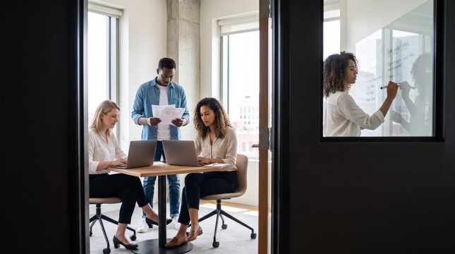 Office teamwork viewed through glass