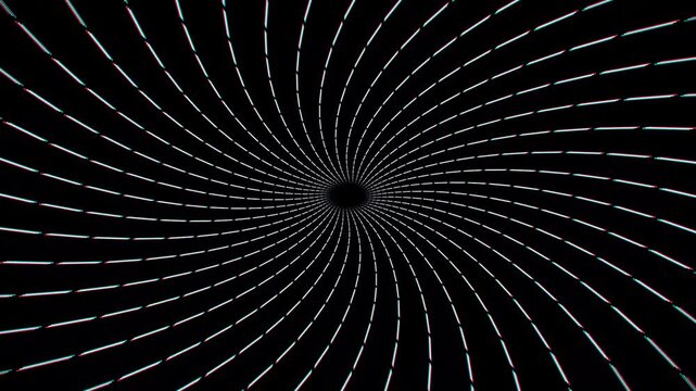 Futuristic digital spiral vortex of dashed glowing white lines rotating on black background