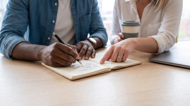 Coworkers writing notes during meeting