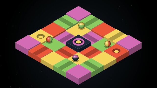 Isometric 3D puzzle board game platform with rolling colored marble balls on colorful checkered tile