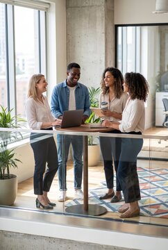 Diverse team meeting around laptop