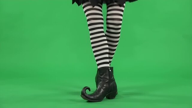 Woman Wearing Striped Stockings and Pointed Boots on Green Screen - A medium wide shot captures a pair of legs from the knees down, adorned with black and white striped stockings and black
