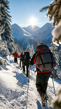 Bright snowy forest edge opening onto white mountains back view of hikers with backpacks trekking a winter route poles and boot tracks in the powder sunlit ridges clear sky trekking