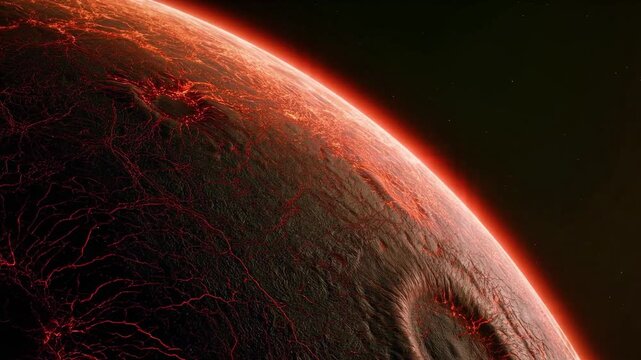4K Video of a dramatic red orange planet with a glowing horizon and detailed surface textures in deep space.