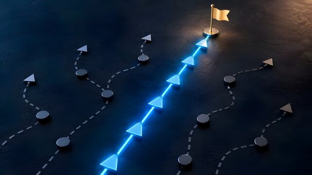 Glowing blue straight path leading to a golden goal flag among multiple branching dotted routes symbolizing success strategy and correct direction