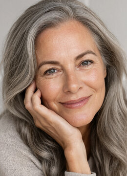 Senior woman with long gray hair smiles gently while resting her face on her hand in a close-up portrait.
