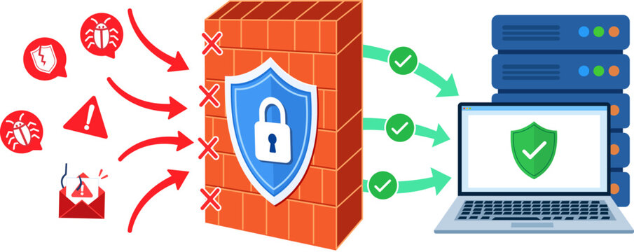 firewall protection blocking cyber threats and securing computer network vector illustration