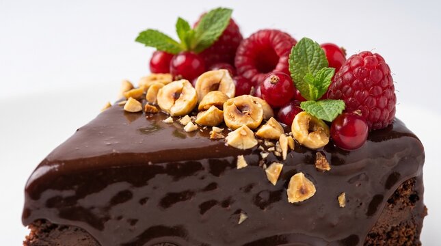 Decadent Chocolate Cake Slice Topped with Fresh Berries and Hazelnuts