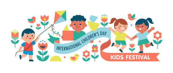 Fototapeta premium Happy Children Playing Outdoors With Kite, Flowers, Birds and Festival Banner