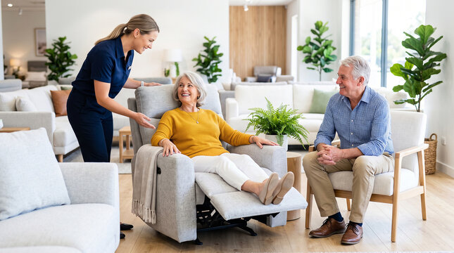 Senior couple testing recliner chair in furniture store